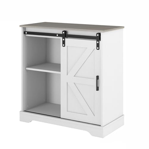 Sliding Barn Door Buffet Sideboard Storage Cabinet - White with Nature Top - Farmhouse Style
