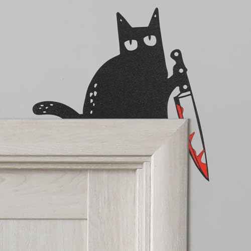 Cat Door Topper Decoration Decor Black Cat Lover Gifts for Women Funny Halloween Christmas Furniture with Knife