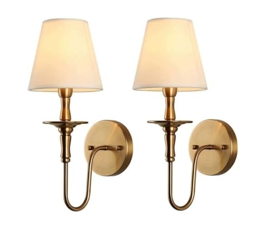 Vintage Gold Wall Sconce Set of 2 with White Fabric Shades - E26/E27 Fixture for Living Room, Hallway, Bedroom