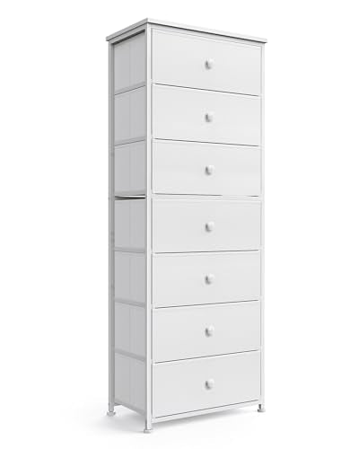 White Tall Fabric Dresser with 7 Large Drawers, Vertical Storage Tower for Bedroom & Closet