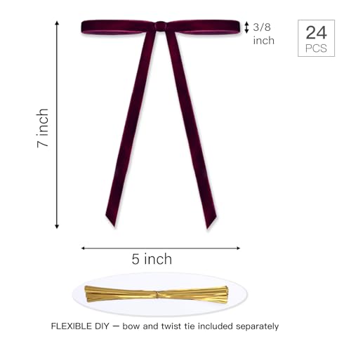 LaRibbons 24 Pcs Burgundy Velvet Bows for Christmas Tree, 3/8" Wide,