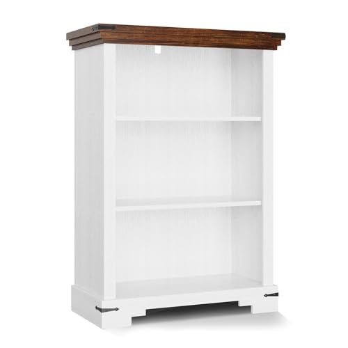 White 3-Tier Farmhouse Bookshelf for Study Room with Adjustable Shelf - Small Wooden Bookcase