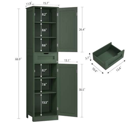 TEENFON Tall Bathroom Storage Cabinet with 2 Doors & 1 Drawer, Forest Green, Narrow Design