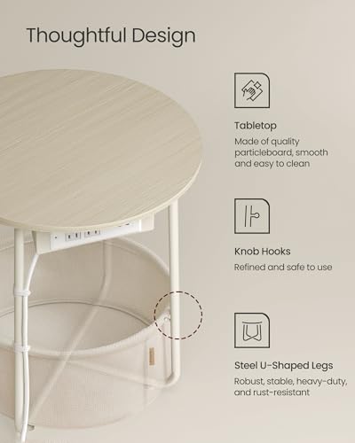 VASAGLE Cream White Round End Table with Charging Station & Fabric Basket