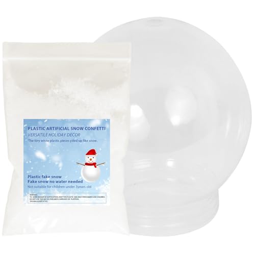 Fake Snow Globe Container Crafts Supplies DIY Kit- Artificial Christmas Snow Confetti 2oz & 5.2in Large Plastic Globe Storage Container Clear,Holiday Miniatures Decor for Snow flakes Winter Wonderland