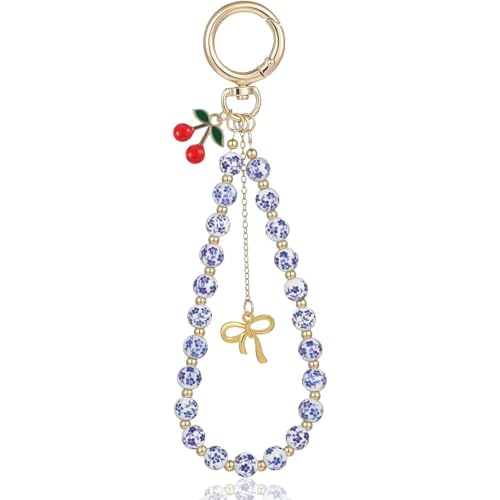 Blue Drop Style A Cherry Beaded Porcelain Keychain - Ethnic Vintage Wristlet & Bag Pendant