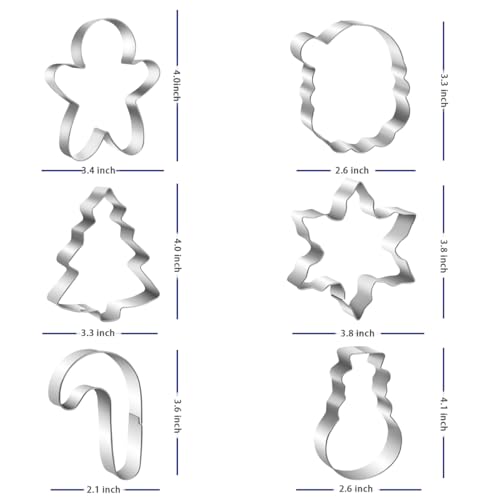 Large Christmas Cookie Cutters Set, 6 Pcs Large Holiday Cookie Cutters Shapes - Christmas Tree, Snowman, Gingerbread Man, Snowflake, Candy Cane, Santa Face Stainless Steel Holiday Cookies Molds