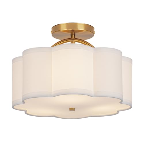 CALOKES Semi Flush Mount Ceiling Light - Scalloped White Fabric Shade & Gold Support, 11.8" Modern 3-Light Fixture for Bedroom, Kitchen, Living Room