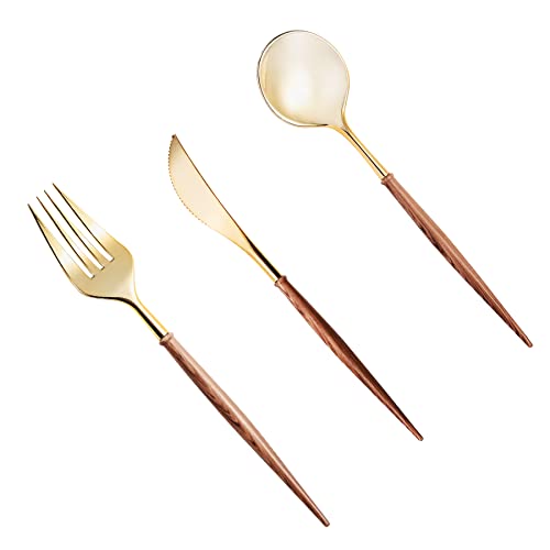 Lullaby 240PCS High End Gold Plastic Silverware with Wood Grain Handle