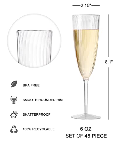 48 Pack 6 OZ Clear Disposable Plastic Champagne Flutes Reusable Wine & Cocktail Cups for Parties and Weddings