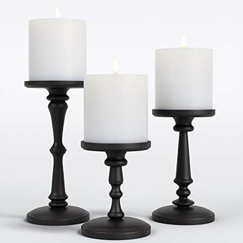 Set of 3 Matte Black Metal Candle Holders - Tall Pillar Candle Stands for Decor