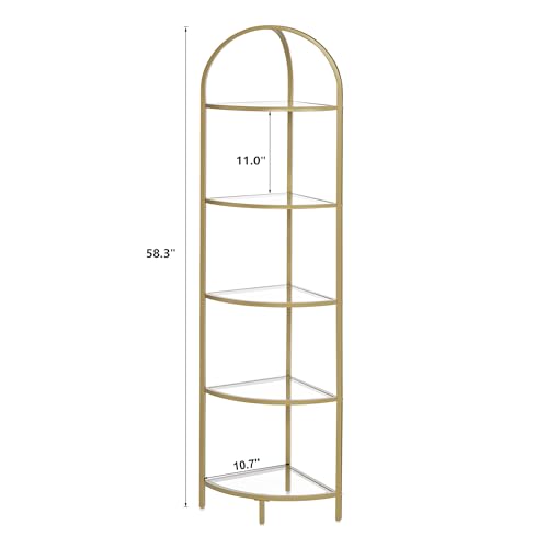 Homhedy 5-Tier Gold Corner Shelf Stand - Stylish Metal Glass Bookcase & Organizer