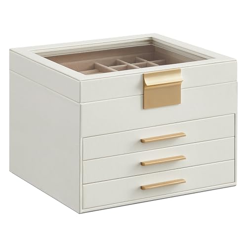 SONGMICS Cloud White & Gold Jewelry Box Organizer 4-Layer Storage with Glass Lid