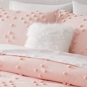 Pink Twin Comforter Set for Girls - Pom Tufted Bed in a Bag, 5 Pieces, Dot Pink Variation