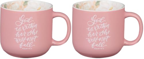 God is Within Her Pink Floral Psalm 46:5 Ceramic Mug Pack of 2 - 14 oz, Microwave & Dishwasher Safe, Encouraging Gift for Women