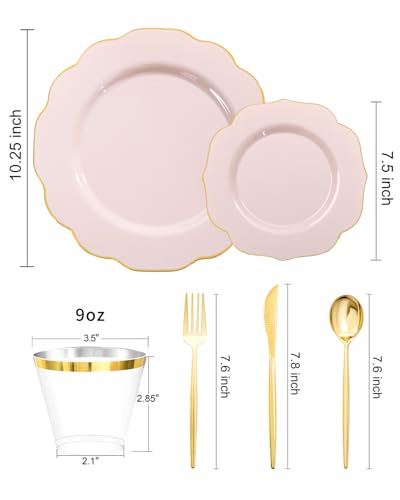 Pink and Gold Disposable Plastic Plates Set - 180 Pieces, Dinner & Dessert Includes Cutlery & Cups - Pink Gold
