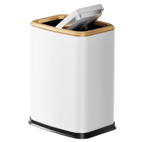 Organizelink White 2.1 Gal Slim Bathroom Trash Can with Swing Lid, Rustproof Stainless Steel, Pet-Proof Odor Control, Space-Saving Waste Basket
