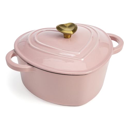 Pink Heart-Shaped 2-Quart Enamel Cast Iron Dutch Oven with Lid - Oven Safe to 500°F