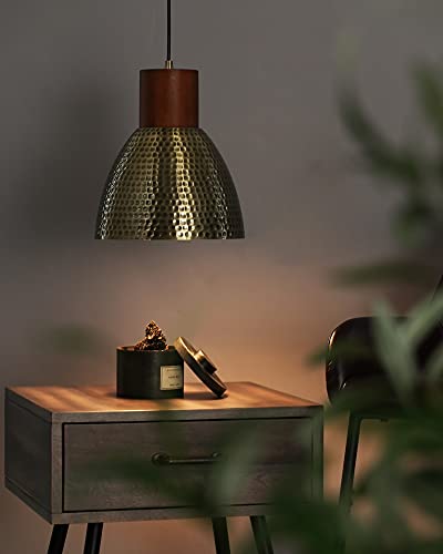 Medium Brass 2-Pack Hammered Pendant Light Fixtures - Vintage Metal & Solid Wood
