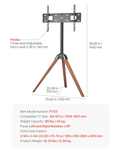 Tripod TV Stand for 40-65 Inch Flat & Curved Screens - Oak Legs, 99 lbs Support