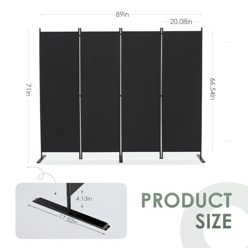 RANTILA Black 4-Panel Room Divider, 6ft Folding Privacy Screen, Freestanding Partition