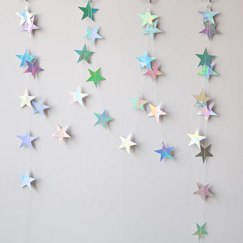 Iridescent Shining Star Hanging Garland Iridescent Hanging Sparkling Star Streamer Glitter Bunting Banner Twinkle Backdrop for Wedding Baby Shower Birthday Christmas Decorations 40 Feet
