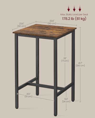 VASAGLE Rustic Brown Square Metal Frame Bar Table - High Top Pub Table - 23.6 Inch Diameter, 41.7 Inch Height