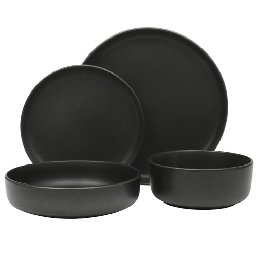 Gibson Elite Pasco 16-Piece Dinnerware Set for 4 Black Stoneware Plates & Bowls