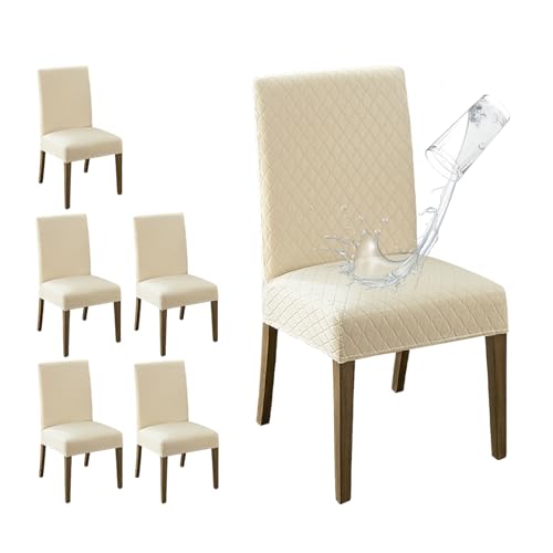 Waterproof Dining Room Chair Covers Set of 6 - Large Diamond-Beige Stretchable Protective Cover for Chairs