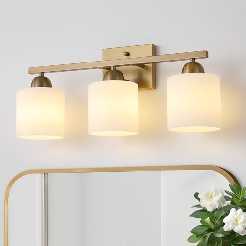 Brass 3-Light Milk Glass Vanity Light Fixture for Bathroom Wall Mount - Dimmable, UL Certified