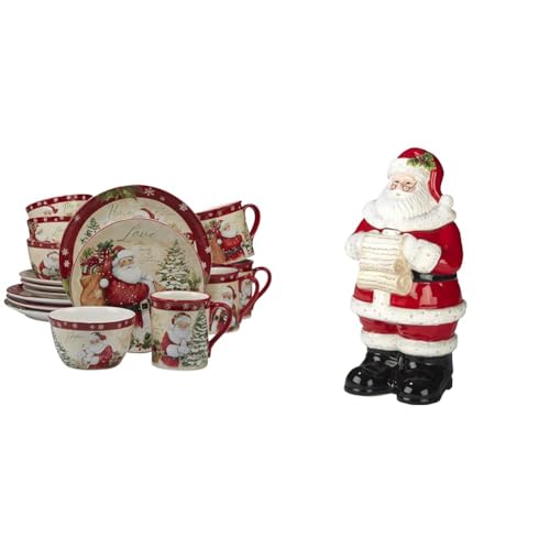 Certified International Holiday Wishes 16-Piece Dinnerware Set & 12.25" 3-D Santa Cookie Jar