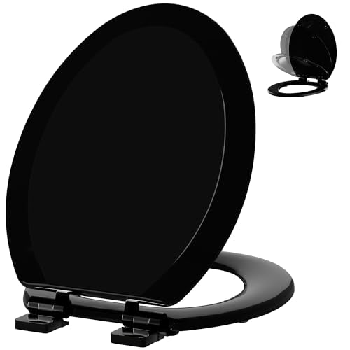 Elongated Wooden Toilet Seat with Quiet-Close & Quick-Release Hinges - Black, 18.5"