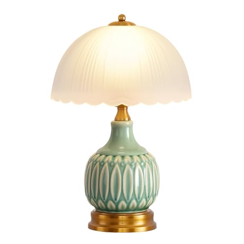 Retro Ceramic Table Lamp 15" Green Glass Shade for Living Room & Bedroom, WELAISA
