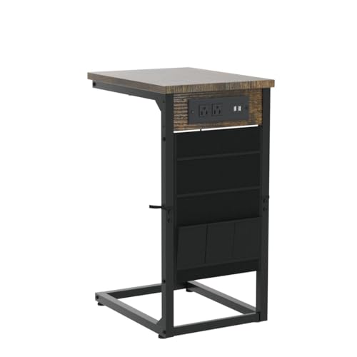 C Shaped End Table with Charging Station - Rustic Brown, Set of 2