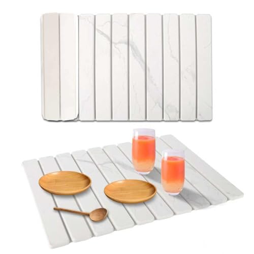 Stone Dish Drying Mat for Kitchen Counter 24x16 Inch White Marble - Foldable
