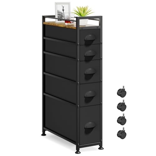 LASZOLA Narrow Slim Bathroom Storage Cabinet with 5 Fabric Drawers - Black, 29.5-33.5"H, Adjustable Feet & Top Shelf