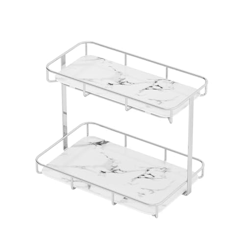 2 Tier Bathroom Organizer Shelf with Marble Ceramic Trays & Stainless Steel Frame