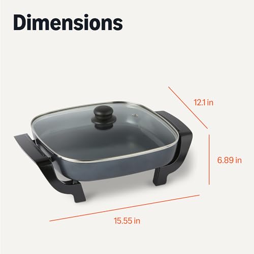 Electric Skillet with Glass Lid, Nonstick Ceramic Coating, Adjustable Temperature, 15.6x12.1 inch, Black