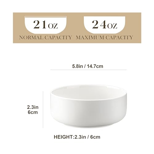 Ivory White Ceramic Cereal Bowls Set of 6, 24 oz Soup & Oatmeal Bowls