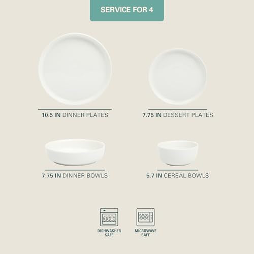 White Ceramic Dinnerware Set for 4 - 16-Piece Oslo Collection Plates & Bowls
