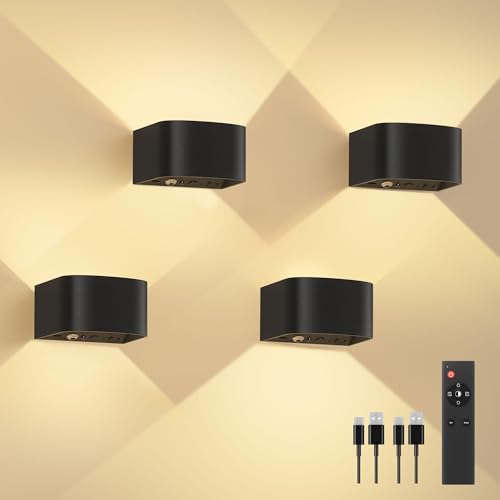Wireless Motion Sensor Wall Light 4 Pack Black with Remote Control - Rechargeable LED Indoor Sconce