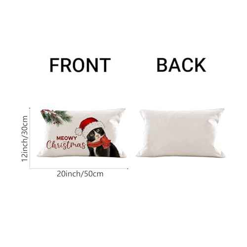 AOFANGGO Christmas Pillow Cover 12x20 inch Cat with Hat Meowy Xmas Throw Pillow Winter Holiday Decorations Farmhouse Rustic Cushion Cover for Bed Chair Sofa Couch Rectangle