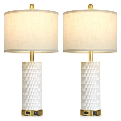 White Ceramic 3-Way Dimmable Touch Table Lamp Set of 2 - Rustic Farmhouse Nightstand with USB & Outlets - Variation White-1