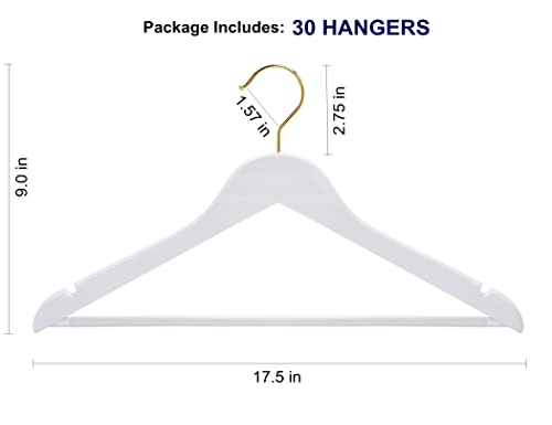 White Wooden Coat Hangers with Gold Hooks, Pack of 30 - Amber Home