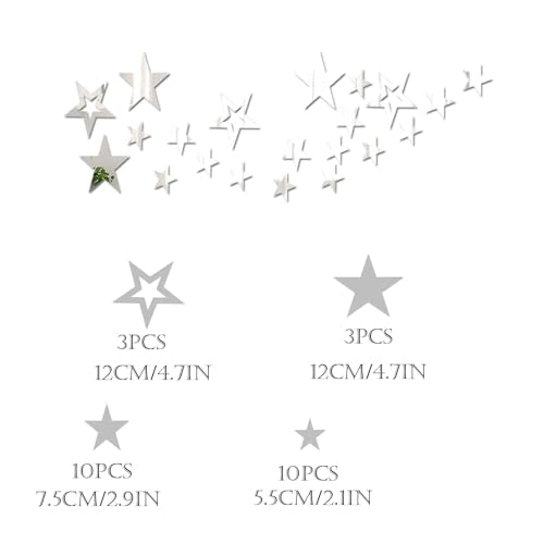 aooyaoo 26pcs Stars Acrylic Mirror Wall Stickers, 4 Sizes, Silver Stars, Stickers with Adhesive, Art Decal, 3D Wall Decorations for Baby Kids Bedroom Home DIY Decor