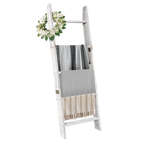 Whitewashed 5-Tier Blanket Ladder for Living Room - 51.9" Farmhouse Decor