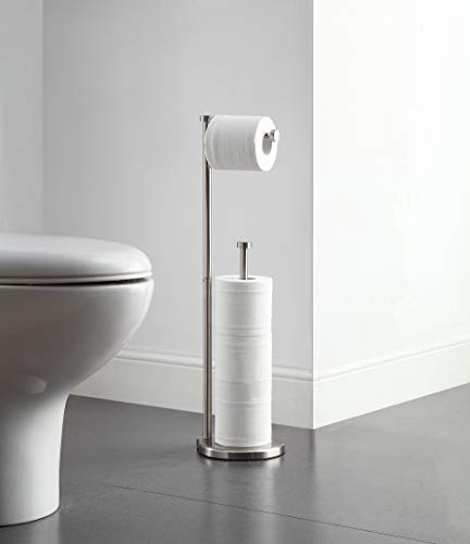 Bathroom Toilet Paper Holder Stand with Reserve - Nickel Finish, Holds Jumbo Rolls, Free Standing