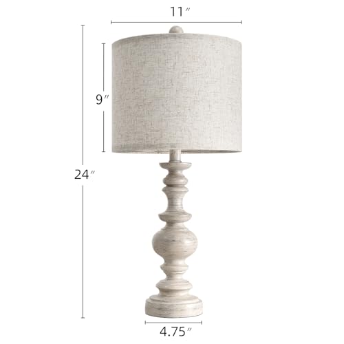 Farmhouse Resin Table Lamp Set of 2 - Antique White, 24-Inch Vintage Lamps with Linen Shades for Living Room & Bedroom