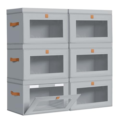 Gray DIMJ 6-Pack Large Collapsible Fabric Closet Storage Bins with Lids & Handles