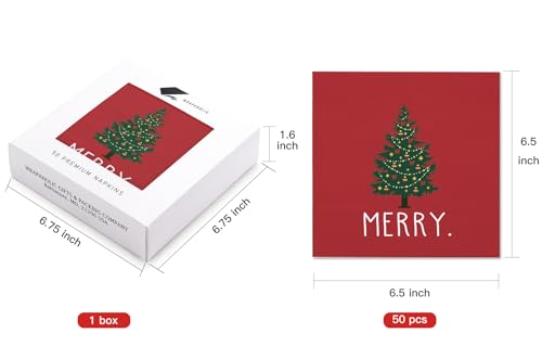 Wrapaholic 50 Pcs 3-Ply Christmas Napkins 6.5x6.5 Red with Tree & Merry